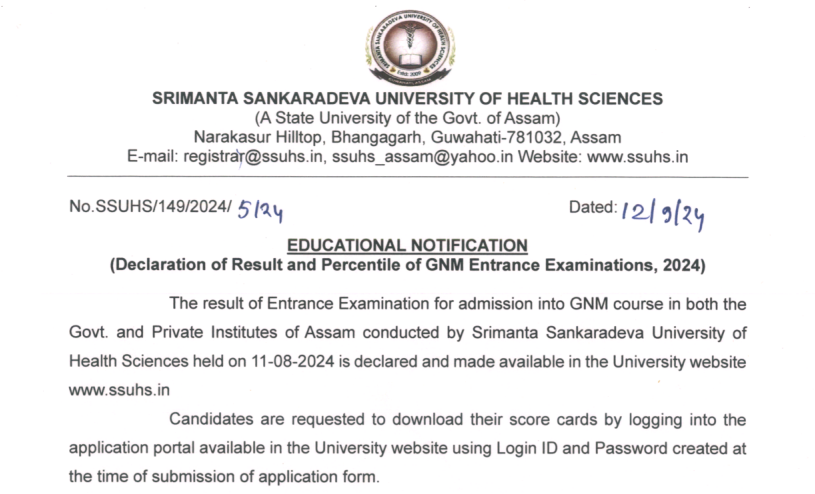 SSUHS Assam GNM Entrance Exam Result 2024