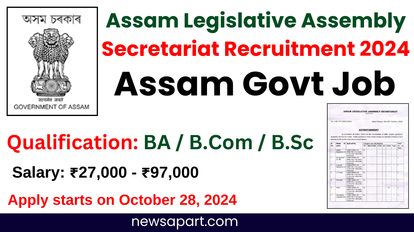 Assam Legislative Assembly Secretariat Recruitment 2024 : Apply for various posts in the Assam Legislative Assembly Secretariat, including English Reporter, Stenographer, Language Reporter, L.D. Assistant, Translator, and Typist. Selection involves written tests, speed tests, and computer practical tests. Application starts on October 28, 2024, and closes on November 18, 2024. Visit www.newsapart.com for full details and to apply today.