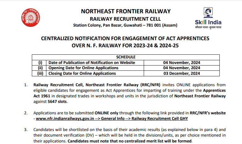 RRC NFR Recruitment 2024 Notification Out, Check Eligibility and Apply Online