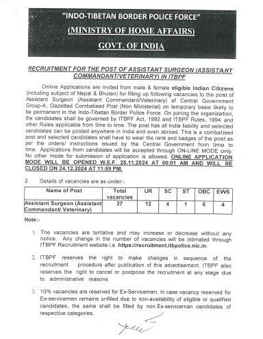 This article provides information about ITBP Assistant Surgeon Recruitment 2024 Apply for 27 Veterinary Posts The Indo-Tibetan Border Police (ITBP) Force has issued a notification inviting applications for 27 Assistant Surgeon (Assistant Commandant/Veterinary) posts. These vacancies are on a temporary basis with the potential to become permanent. Interested candidates can apply online through the official ITBP website.